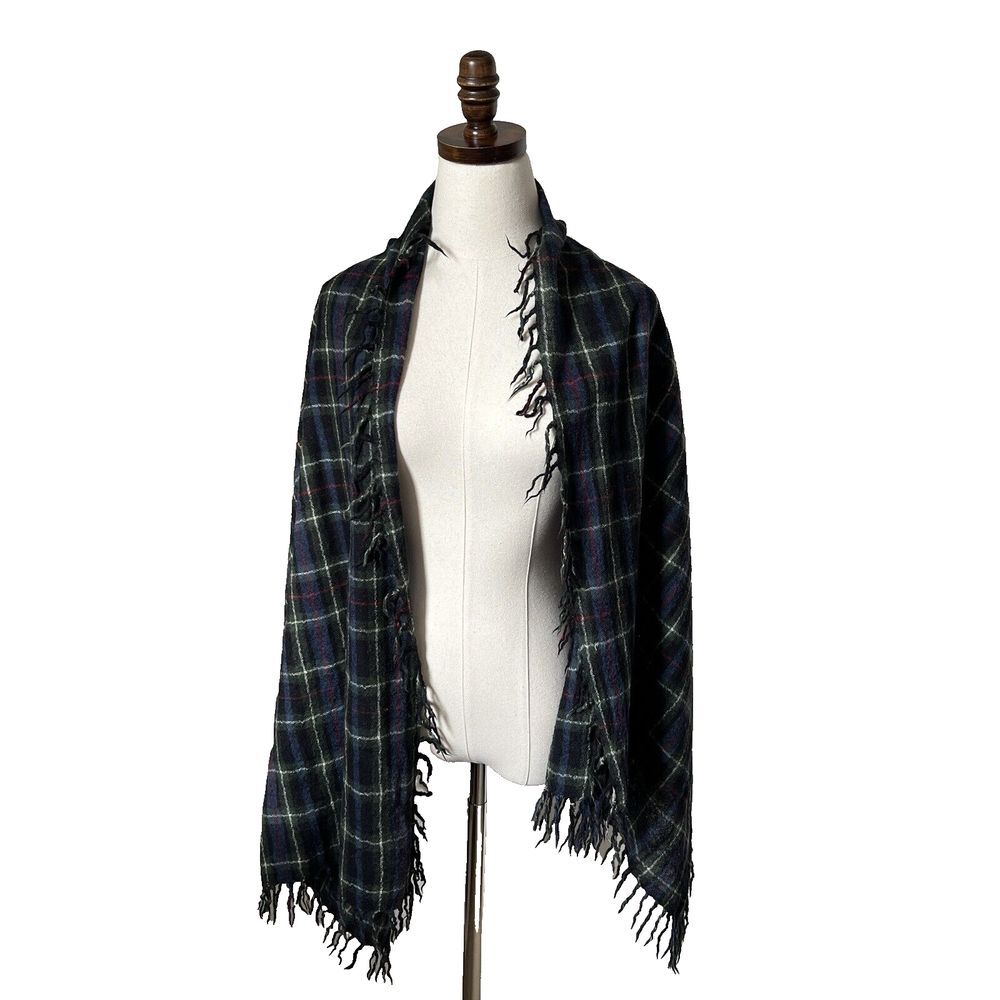 Ralph Lauren Denim Supply XL‎ Plaid Scarf Fringe Wool Green Blue Check 64" x 56"